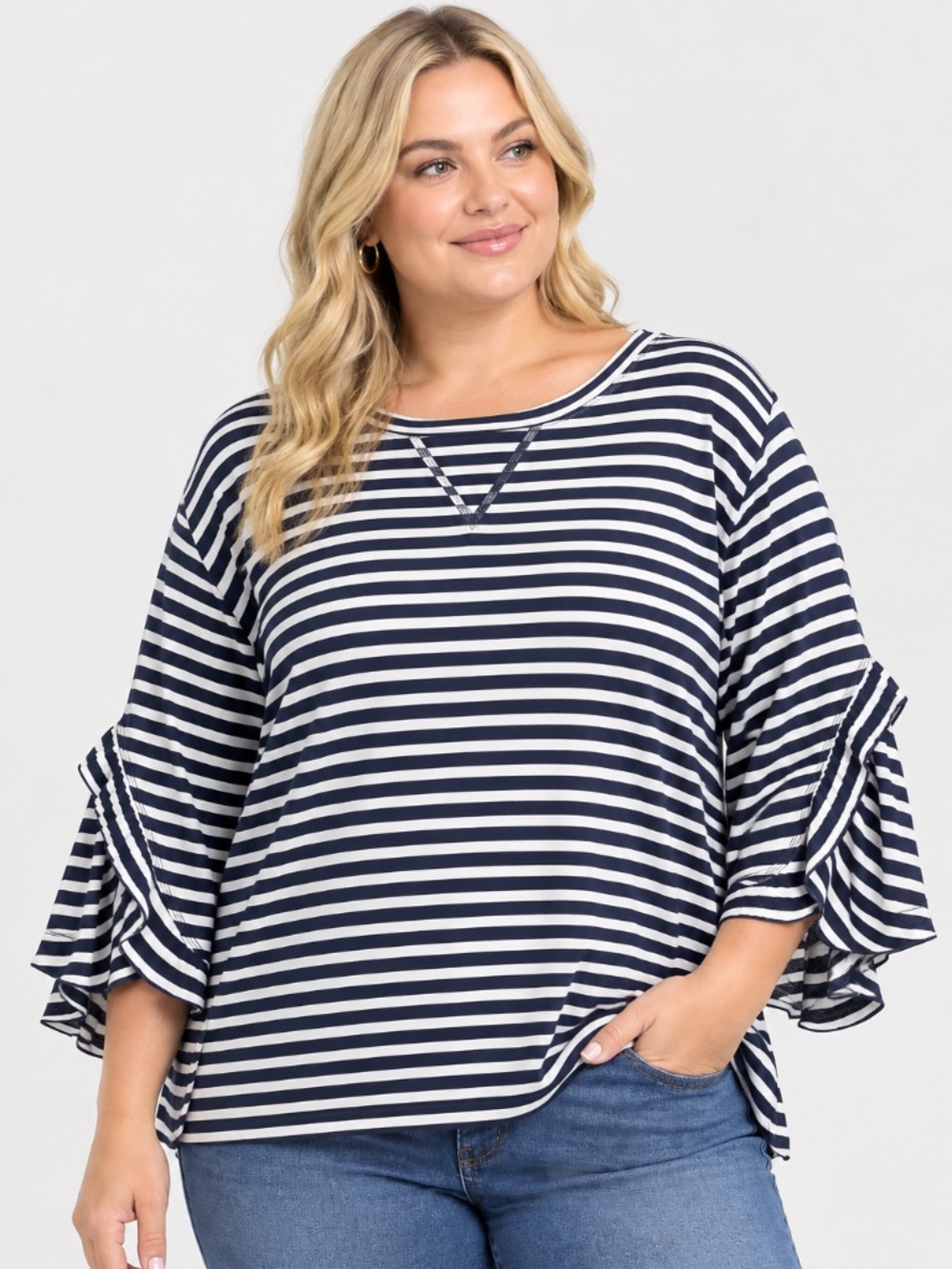Tommy Hilfiger Striped Shirt Women's 3X Nautical Preppy Ruffle Sleeve Pullover